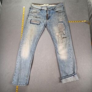 REMIX Jeans Mens 34x30 Blue Selvedge Slim Straight Distressed Patchwork